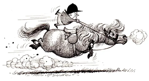 Thelwell-Karikatur: ein Kind reitet im vollen Galopp auf einem rundlichen Pony