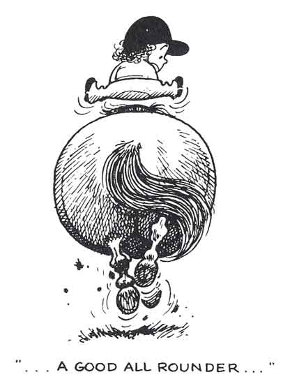 Thelwell-Karikatur: ein kleines Kind auf einem kugelrunden Pony, Bildunterschrift „A good all rounder“